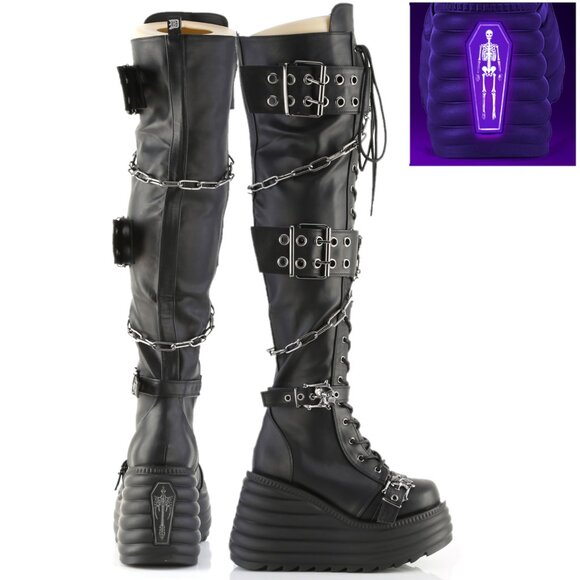 Demonia Morty Thigh High Platform Goth Punk Rocker Boots Stretch Big Buckles - Picture 3 of 10
